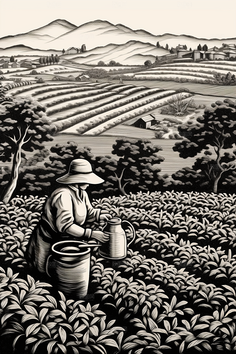 茶园黑白线条铜版画