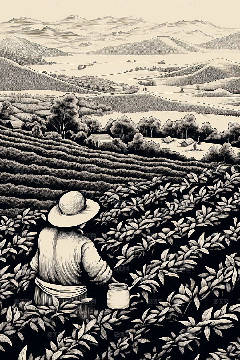 茶园雕刻水墨铜版画