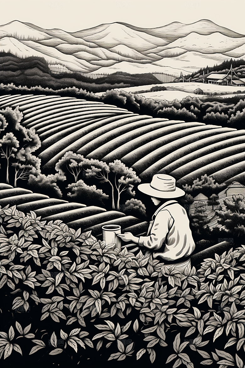 茶园写实雕刻铜版画