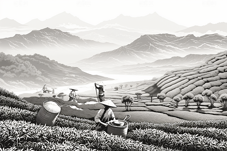 茶园雕刻水墨铜版画