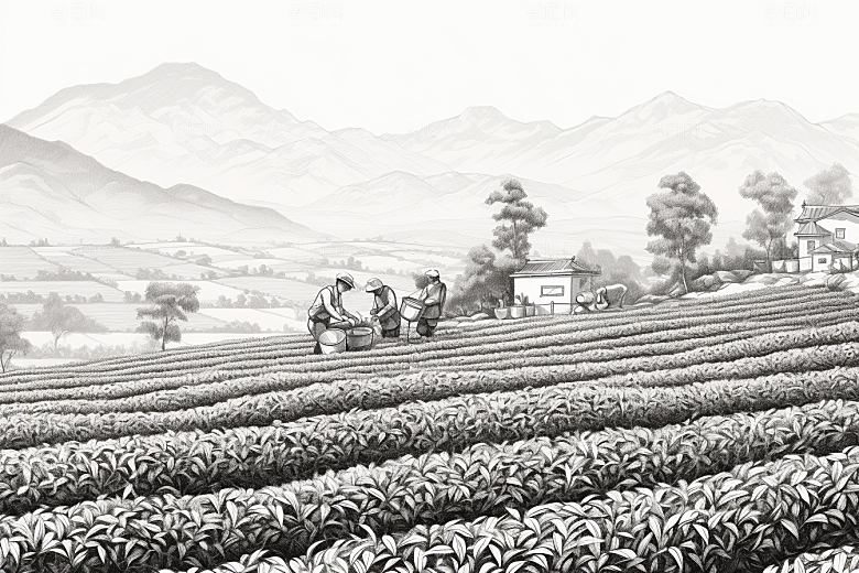 茶园水墨线条铜版画