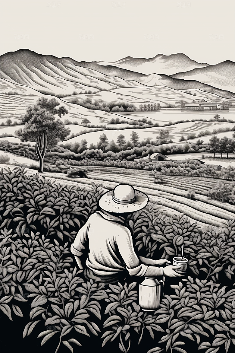 茶园黑白水墨铜版画