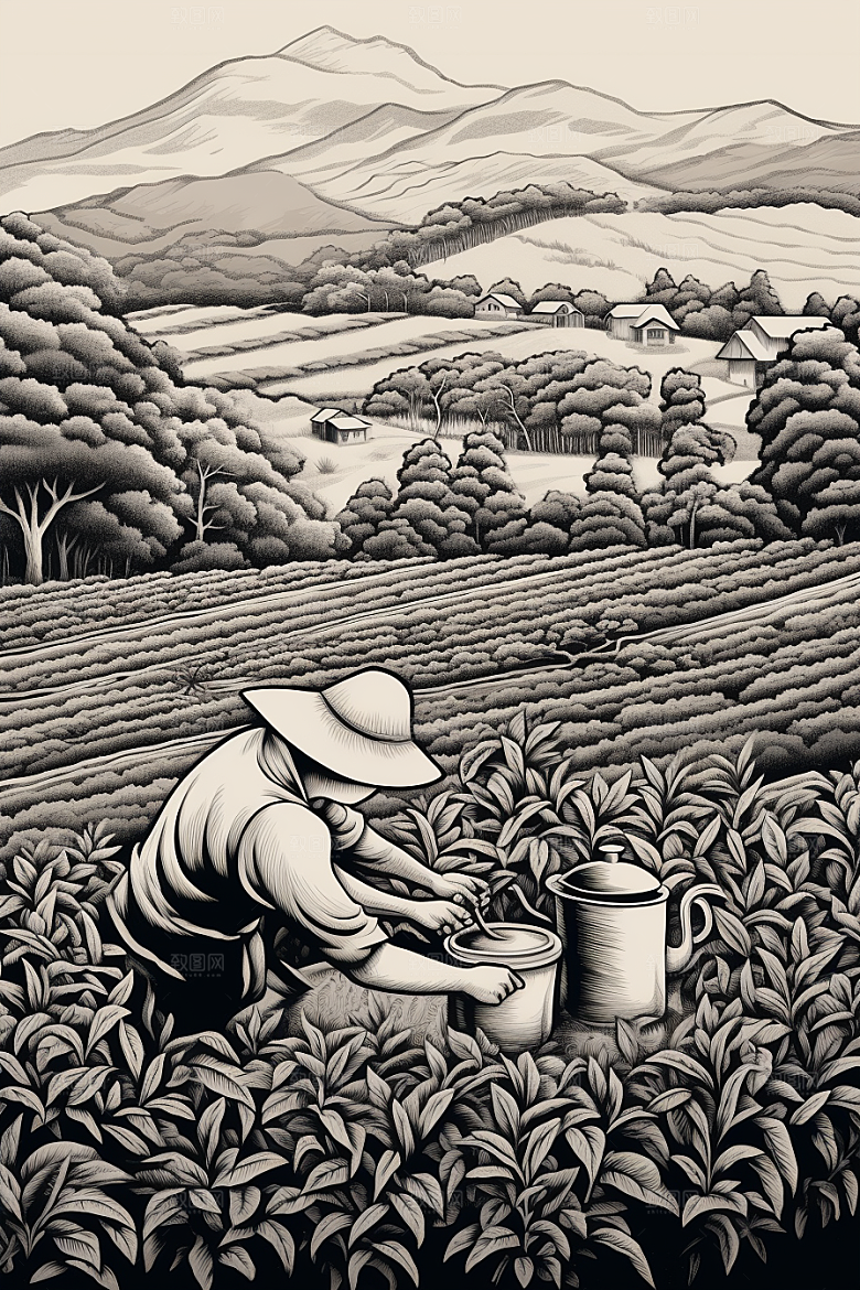 茶园写实雕刻铜版画