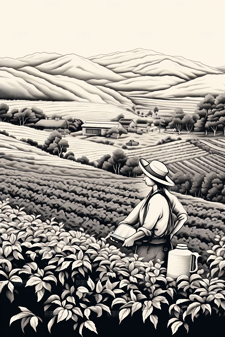 茶园黑白国画铜版画