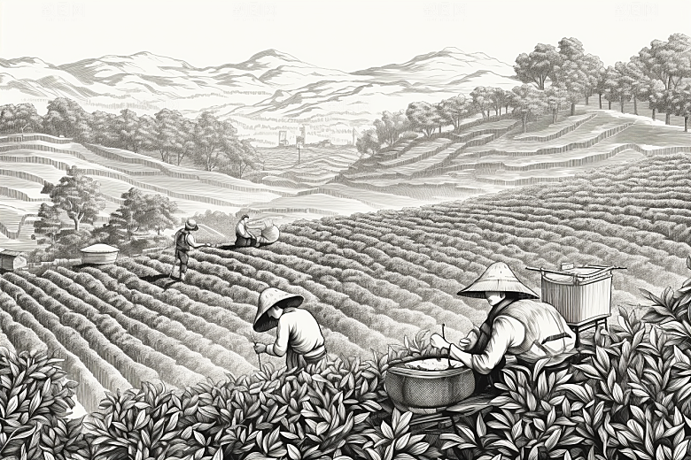 茶园水墨国画铜版画