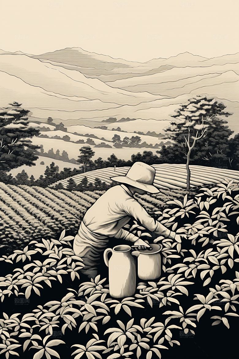 茶园水墨传统铜版画