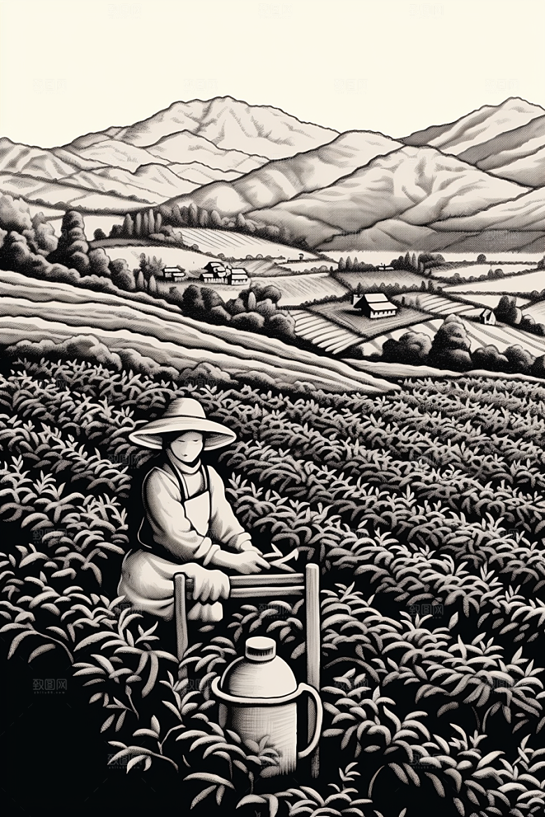 茶园黑白国画铜版画