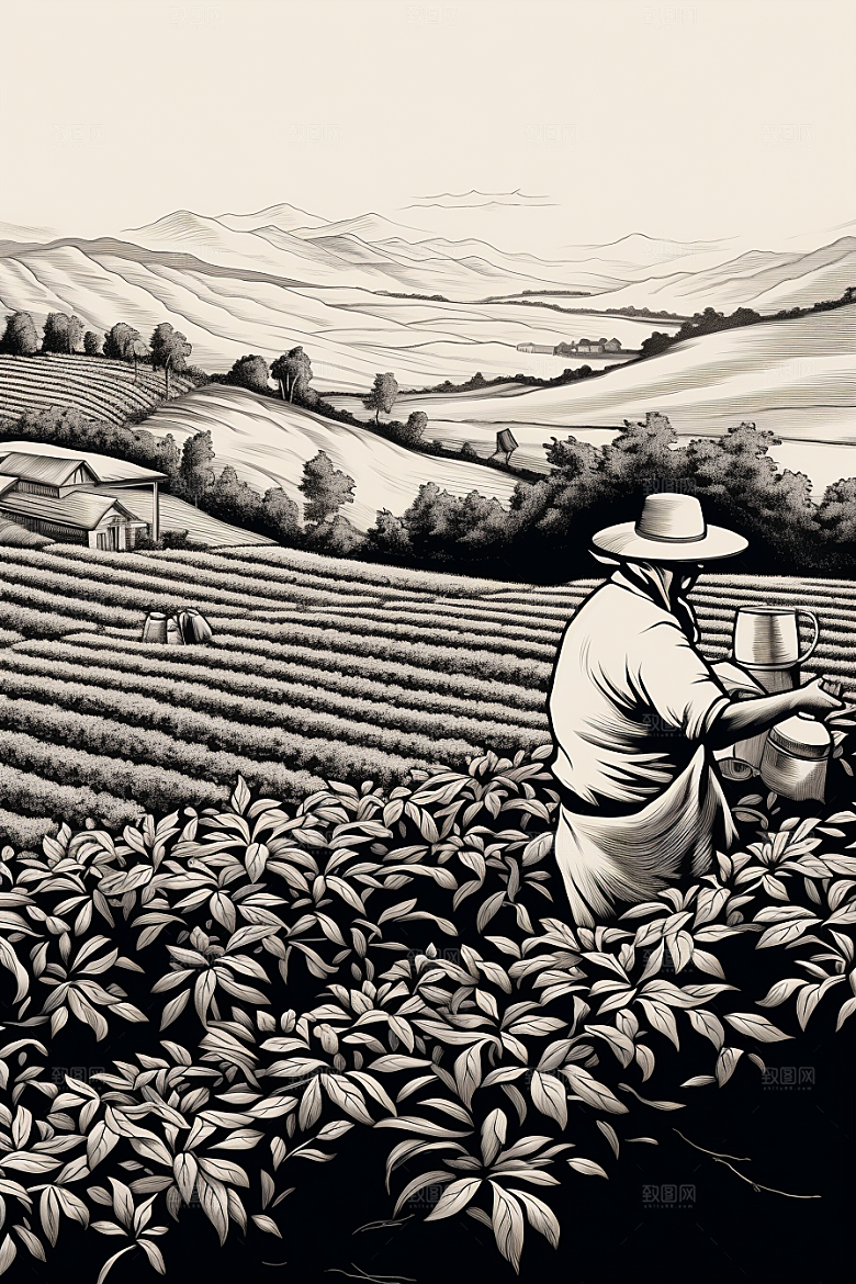 茶园线条雕刻铜版画