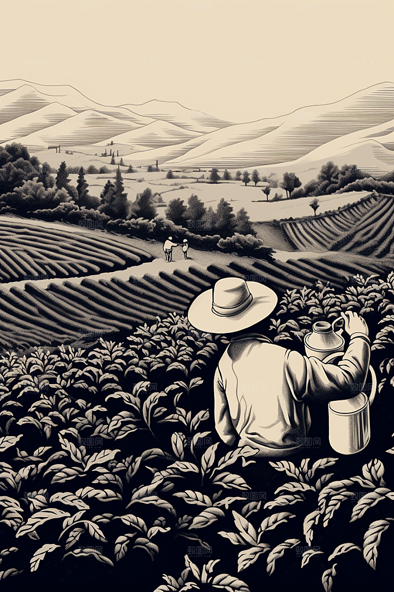 茶园国画雕刻铜版画