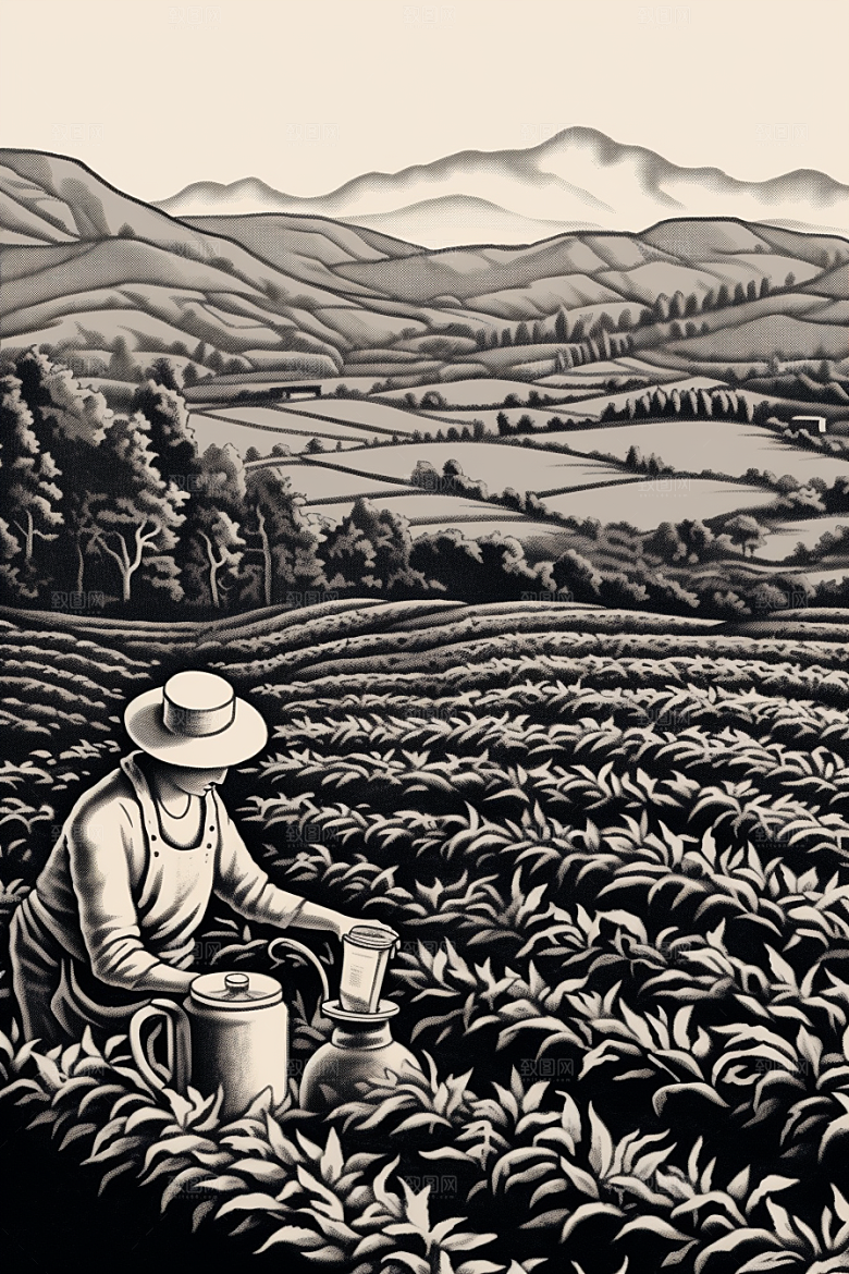 茶园线条黑白铜版画