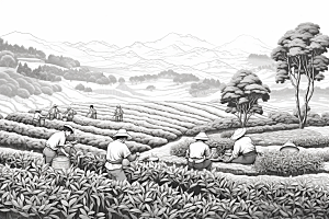 茶园水墨雕刻铜版画