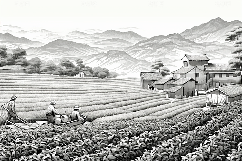 茶园黑白雕刻铜版画