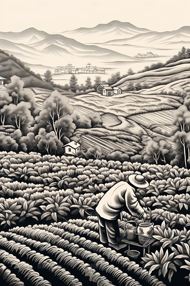 茶园黑白国画铜版画