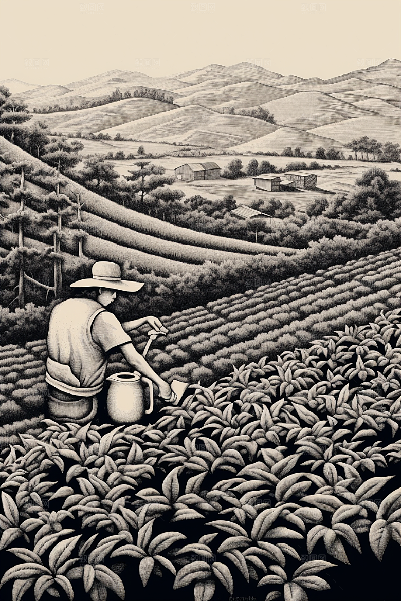 茶园黑白传统铜版画