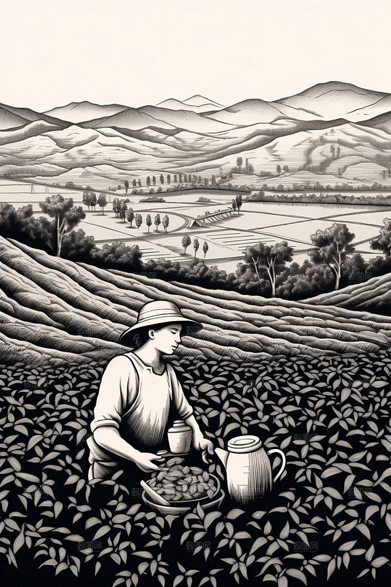 茶园国画写实铜版画