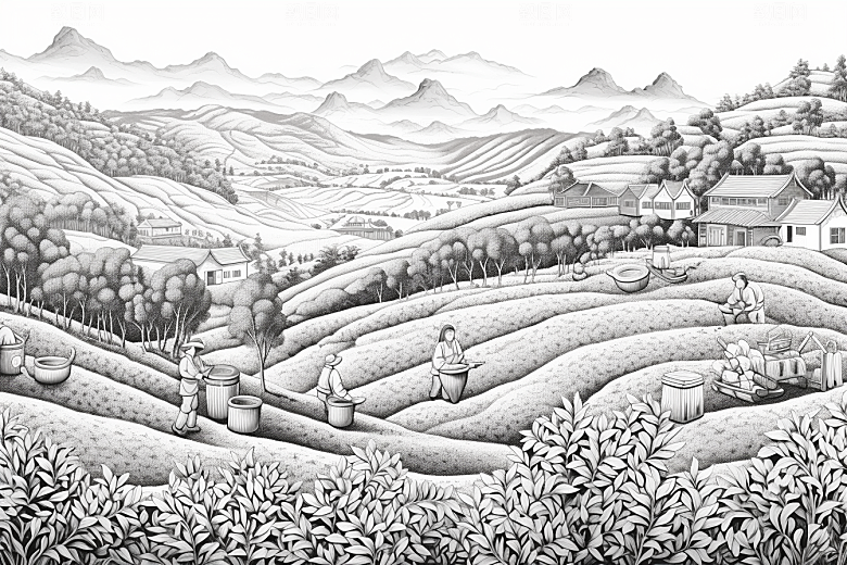 茶园线条中国风铜版画