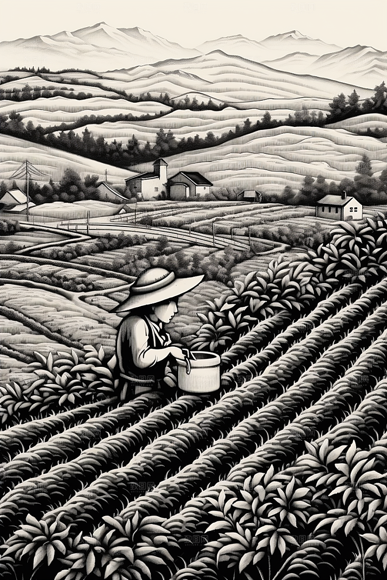 茶园水墨黑白铜版画