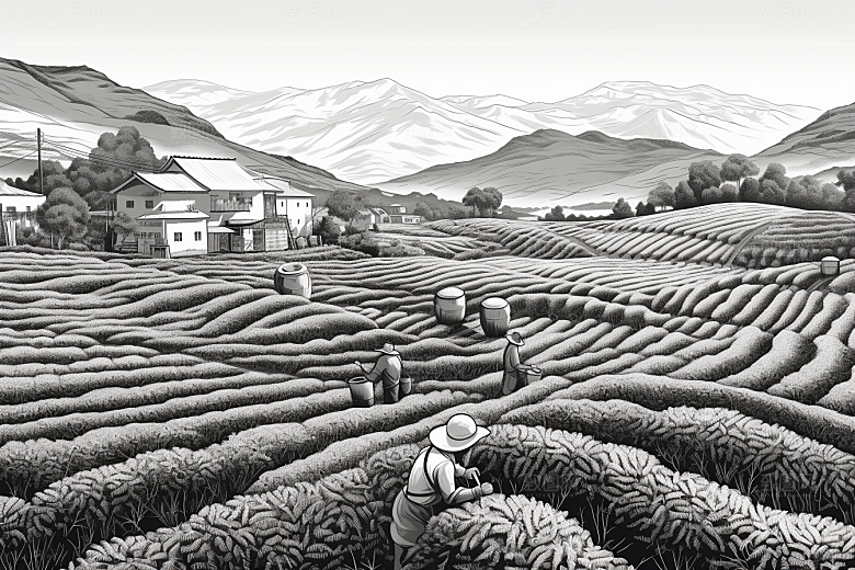 茶园国画中国风铜版画