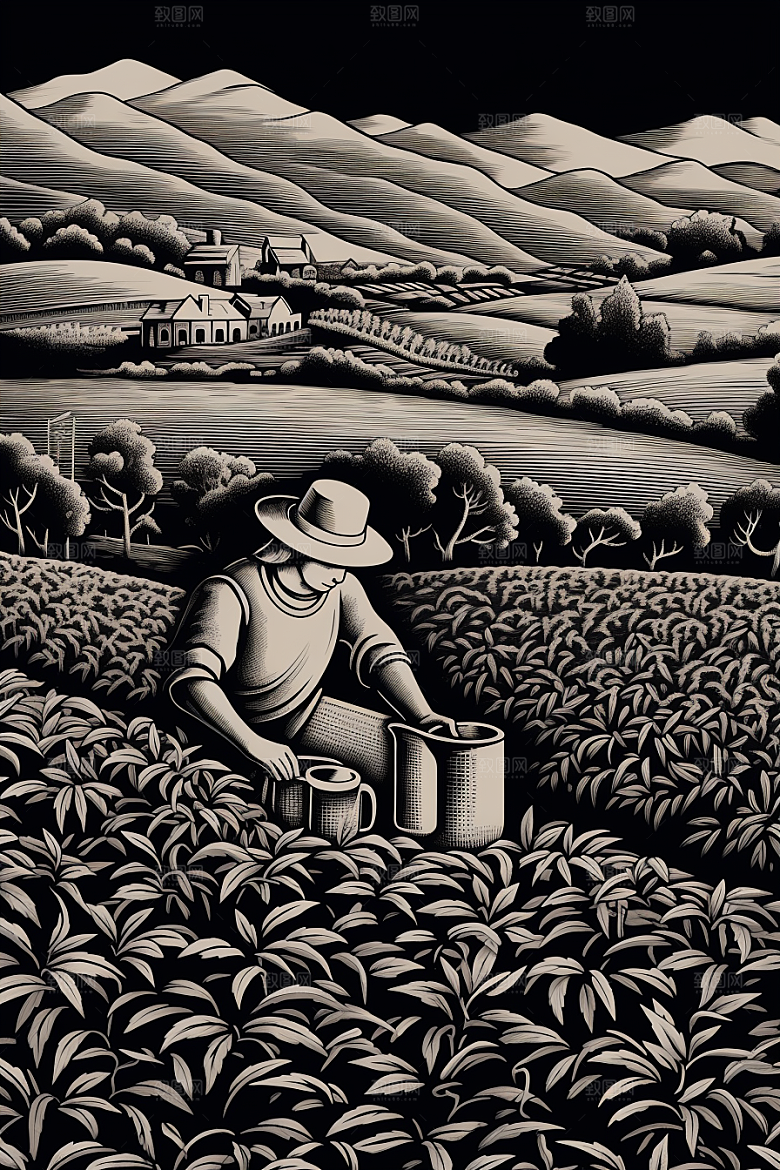 茶园雕刻国画铜版画