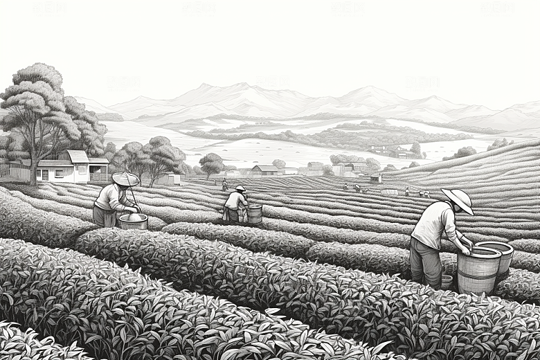 茶园雕刻中国风铜版画