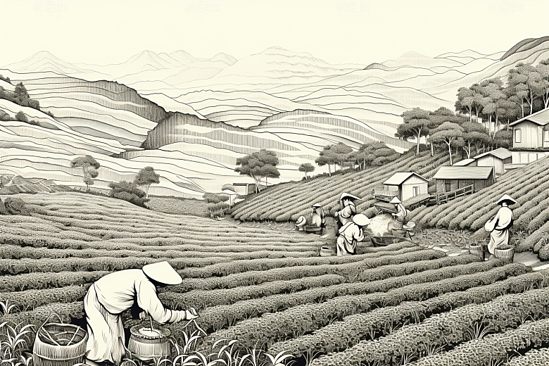 茶园国画写实铜版画