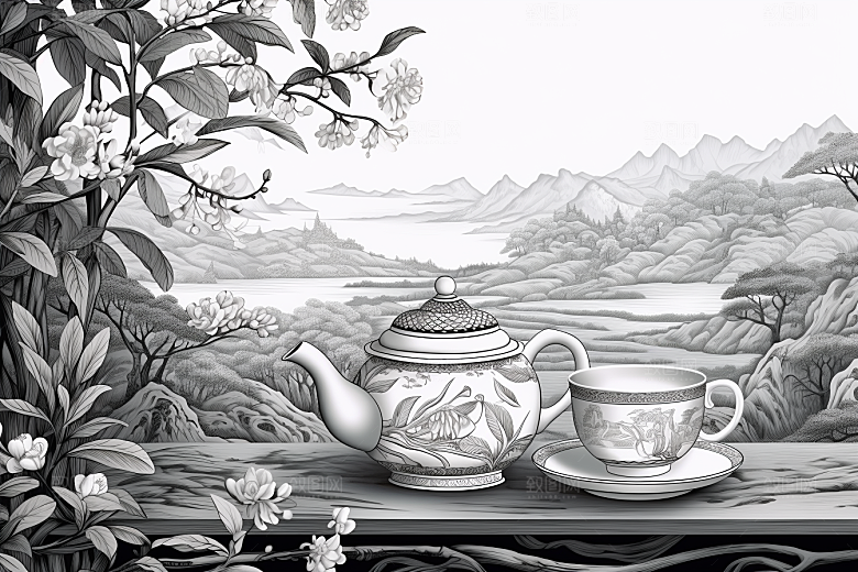 茶园线条中国风铜版画