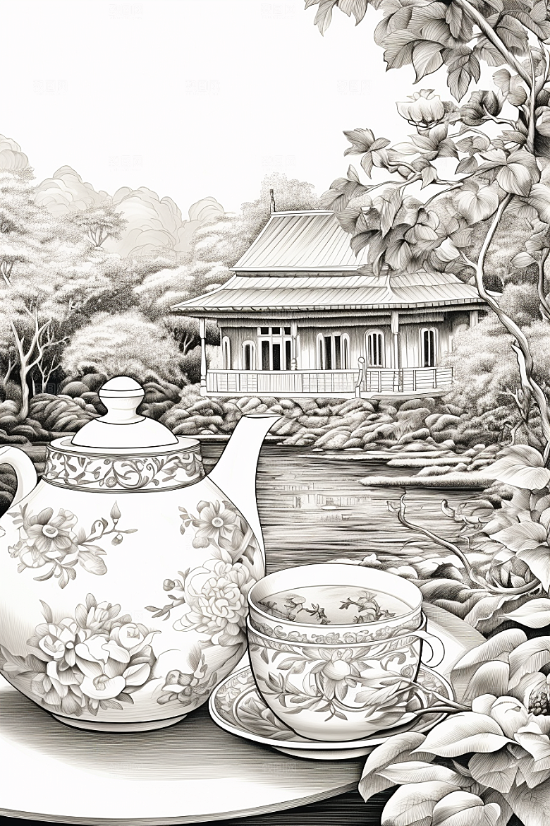茶园黑白线条铜版画