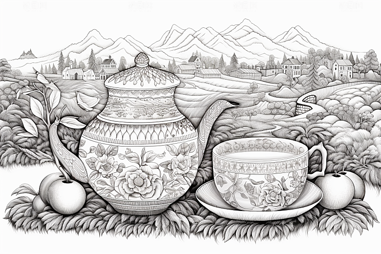 茶园线条国画铜版画