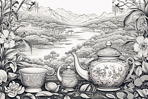茶园写实水墨铜版画