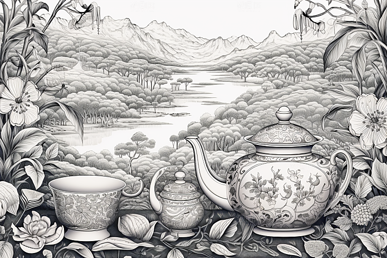 茶园写实水墨铜版画