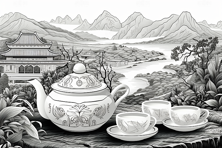茶园中国风线条铜版画
