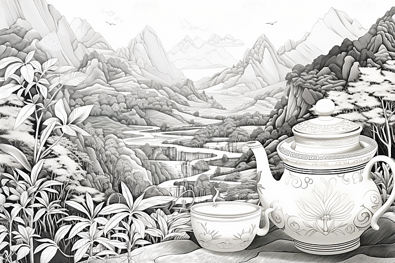 茶园雕刻黑白铜版画