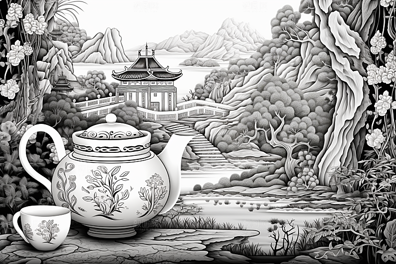 茶园线条雕刻铜版画