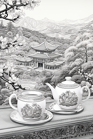 茶园水墨中国风铜版画