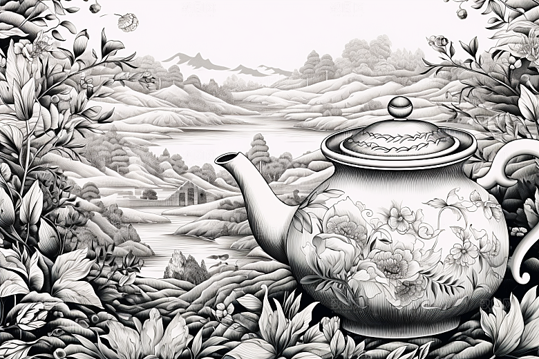 茶园国画雕刻铜版画