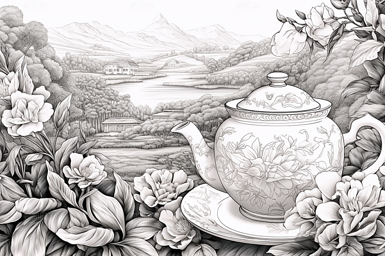 茶园写实国画铜版画