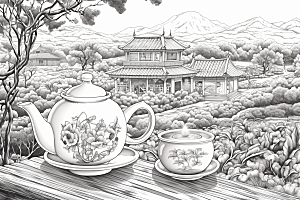 茶园雕刻中国风铜版画