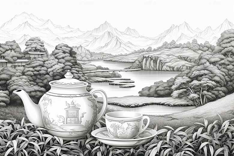 茶园国画线条铜版画