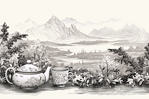 茶园传统黑白铜版画