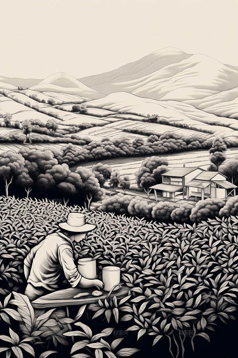 茶园中国风水墨铜版画