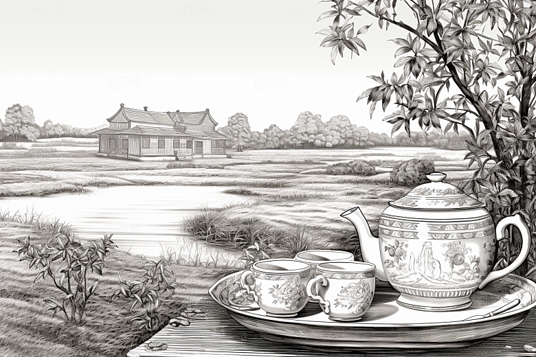 茶园中国风水墨铜版画