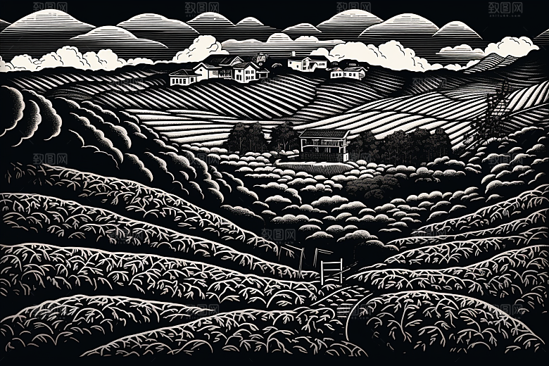 茶园水墨黑白铜版画