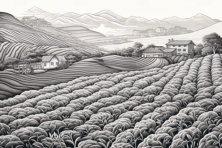 茶园中国风黑白铜版画