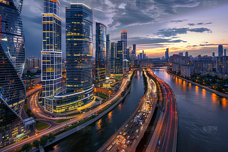 城市航拍建筑流光溢彩摄影图