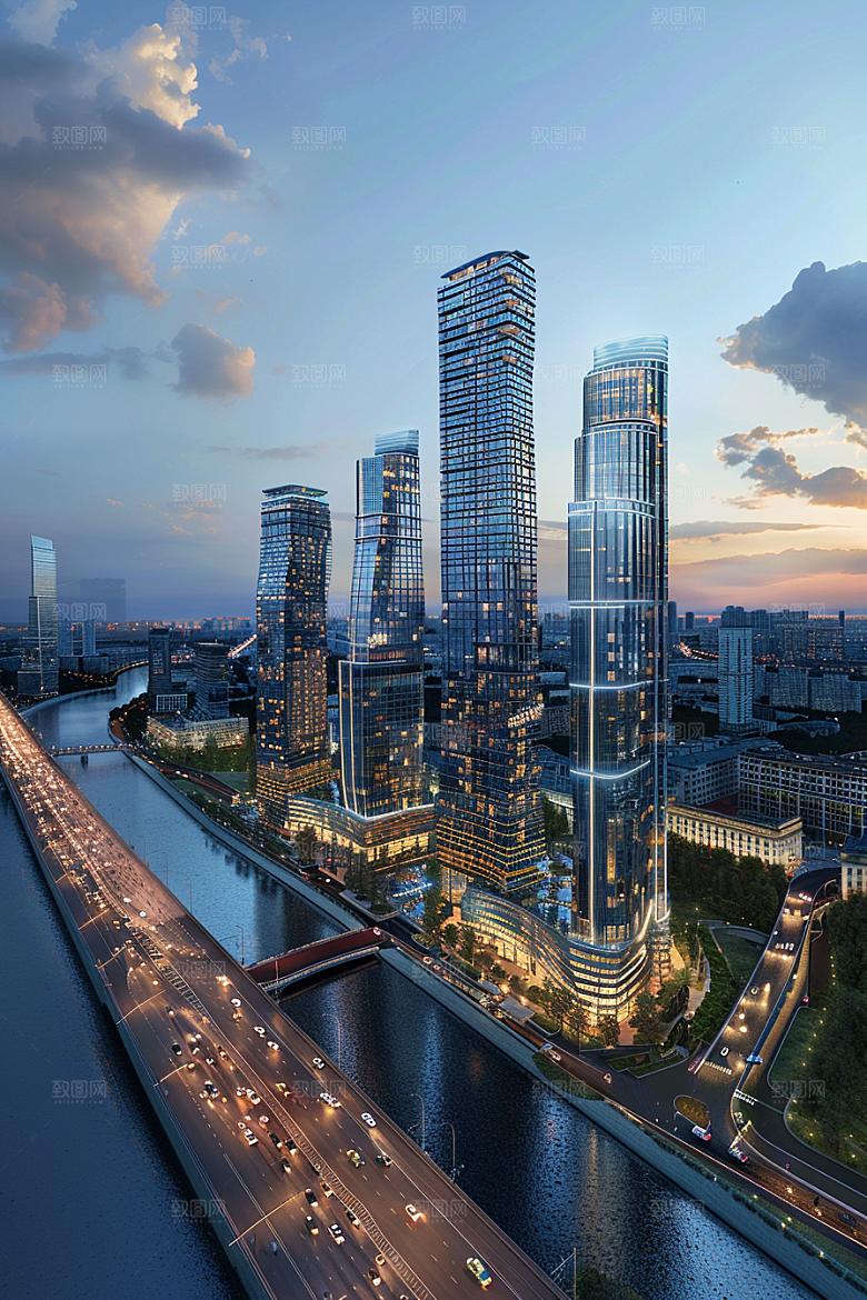 城市航拍流光溢彩建筑摄影图