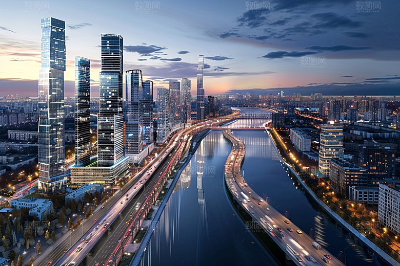 城市航拍摩登都市流光溢彩摄影图