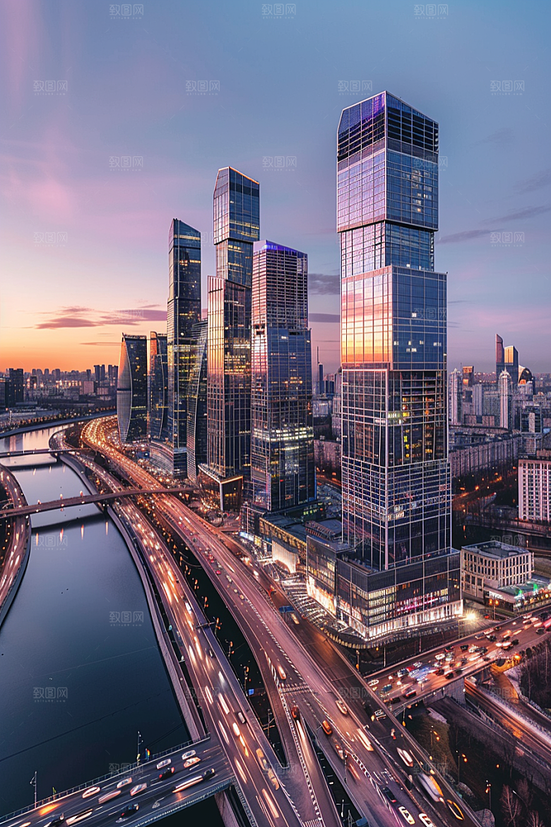 城市航拍流光溢彩地标摄影图