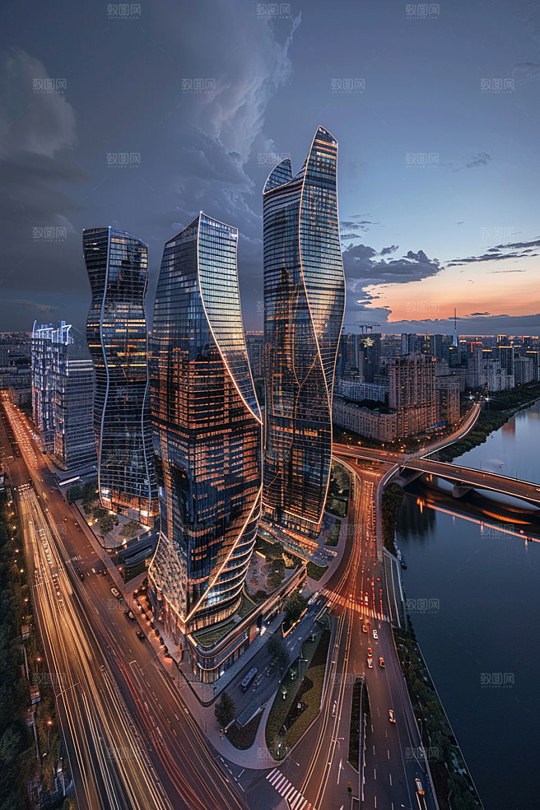 城市航拍楼宇流光溢彩摄影图