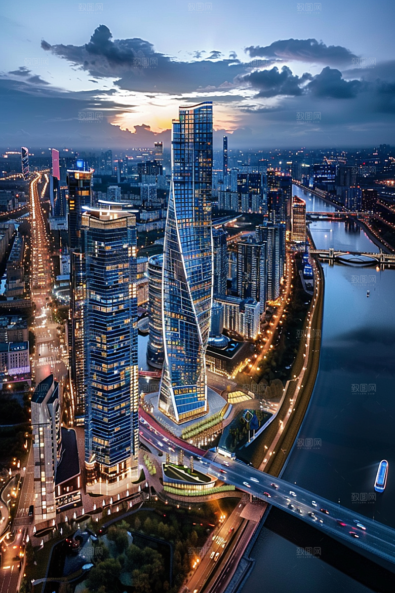 城市航拍建筑流光溢彩摄影图