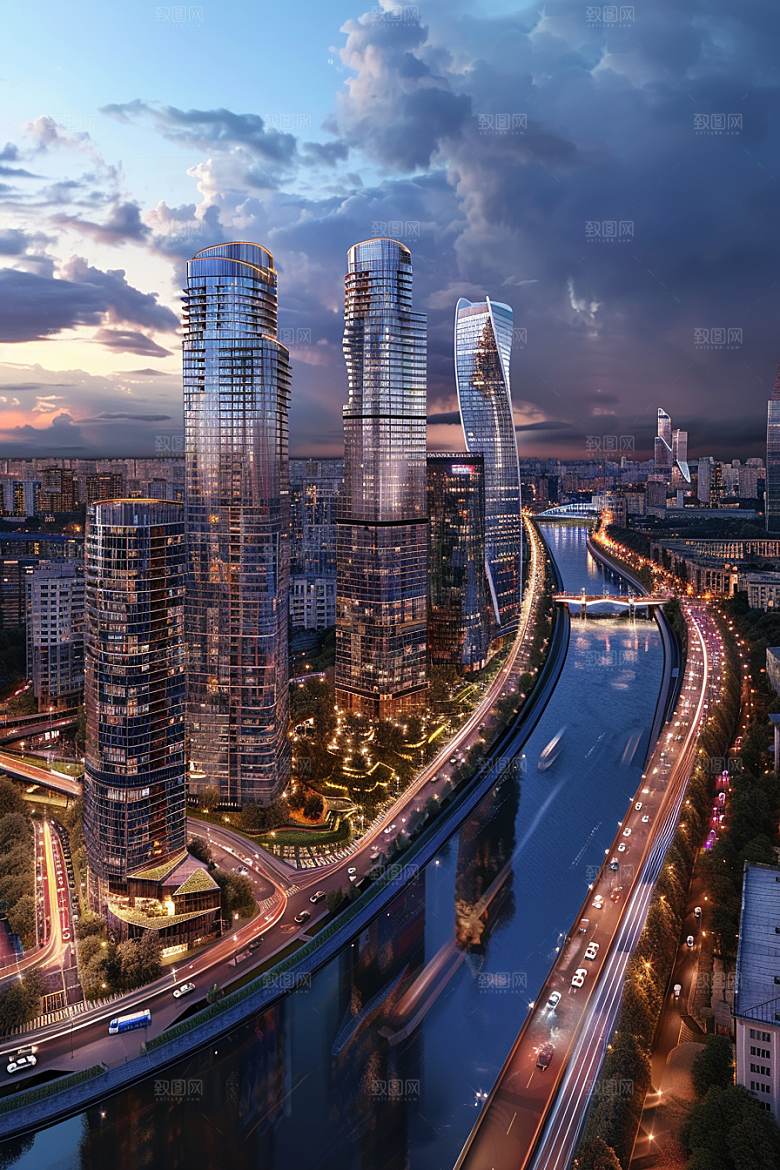 城市航拍流光溢彩建筑摄影图